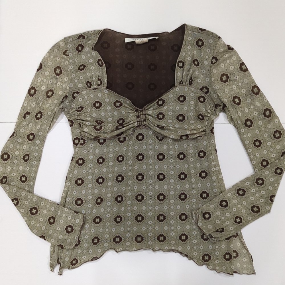 Max Studio Green Brown Retro Floral Long Sleeve Top - Women's Small 70s Hippie